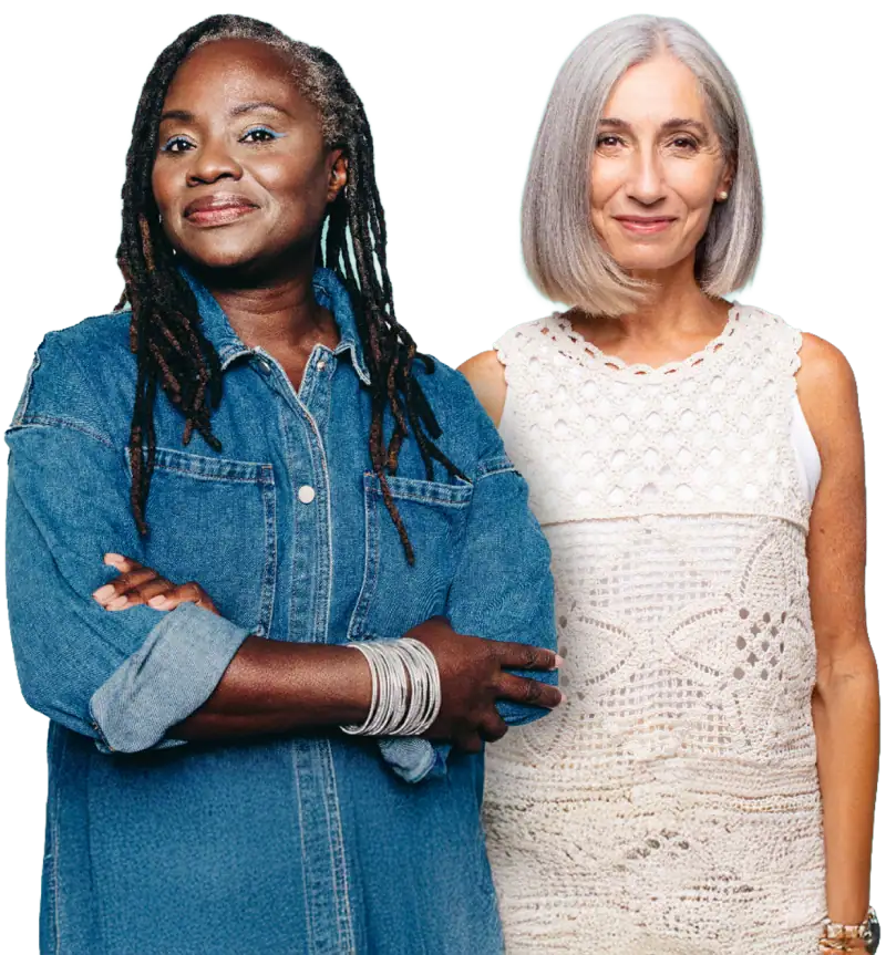 Two women of different ages and backgrounds stand side by side against a light background, representing confidence, healthy aging, and women's wellness across life stages.