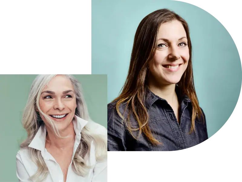 Two women of different generations are shown in a wellness-themed graphic, smiling confidently against soft blue and green backgrounds, representing healthy aging, vitality, and women's well-being across life stages.