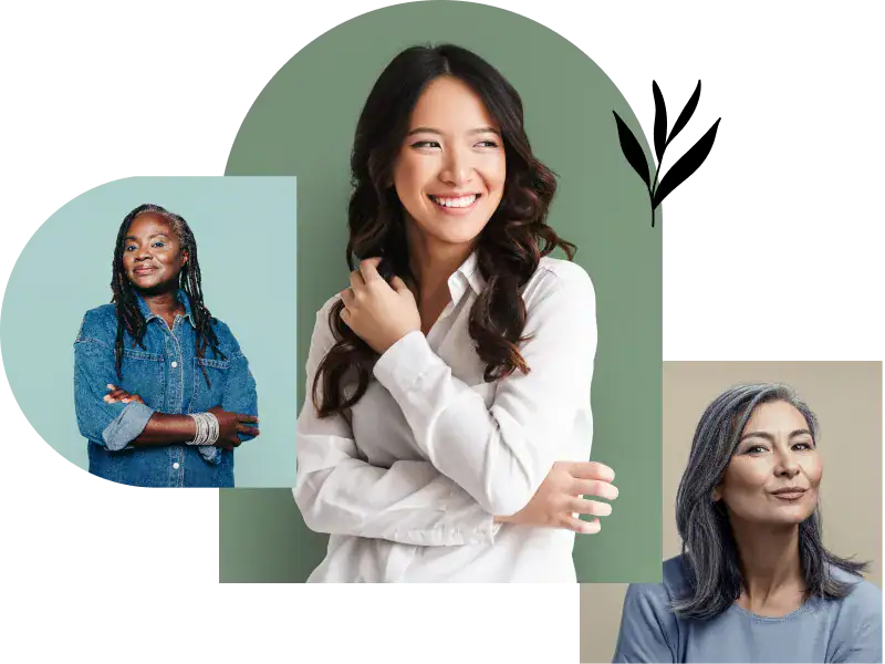 A wellness-themed collage featuring three women of different ages and backgrounds, smiling confidently against soft pastel backgrounds.