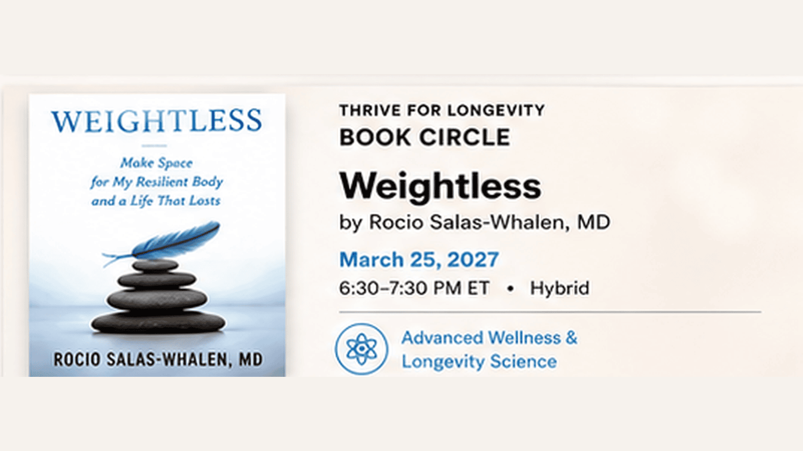 Thrive for Longevity book circle event poster with title and date details.