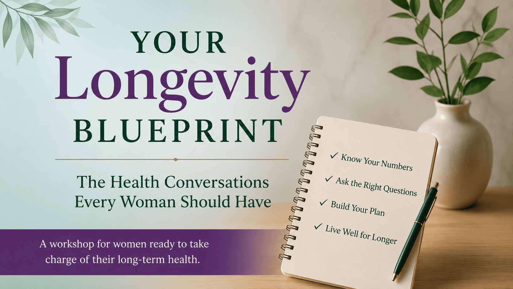Book titled Your Longevity Blueprint with health tips and a pen on a notebook.