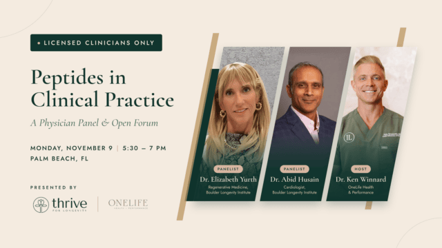 Event banner for Peptides in Clinical Practice with speakers and host details.