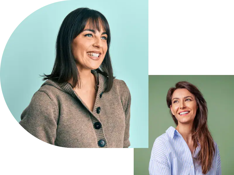 A wellness-themed graphic featuring two smiling women against soft blue and green backgrounds.